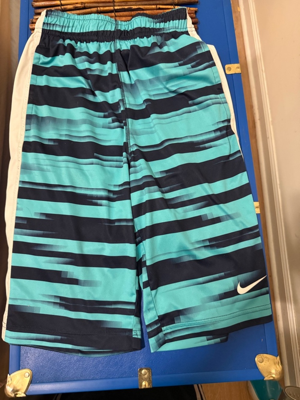 Nike Dri-Fit Turquoise & Navy Striped Basketball Shorts with White Accents